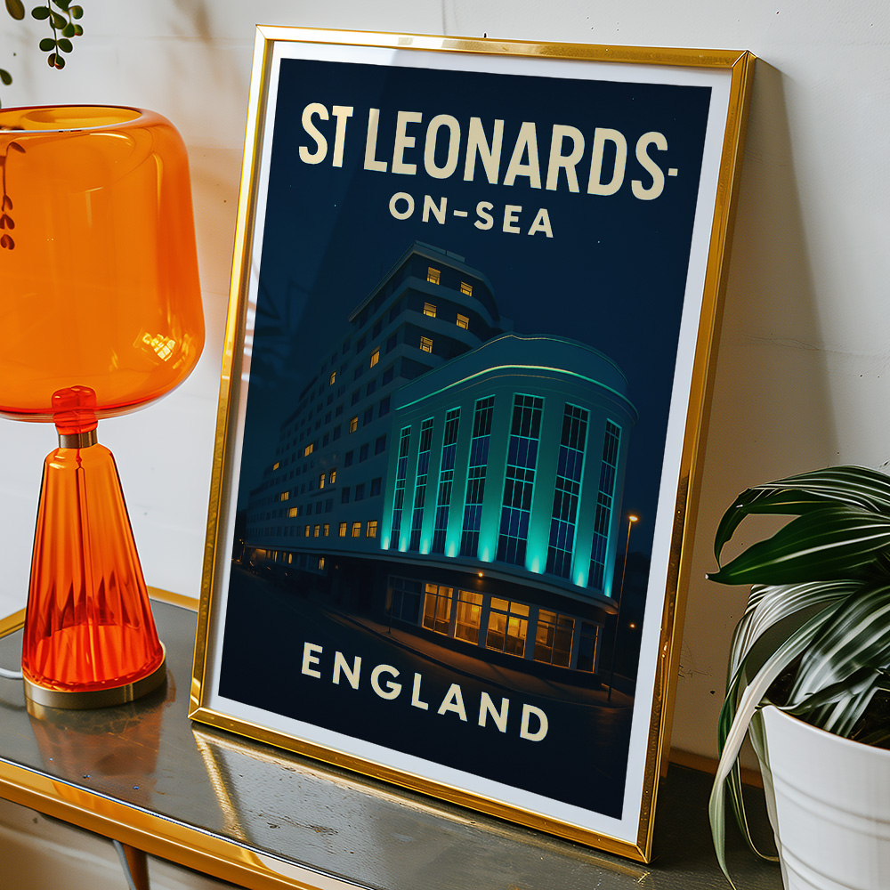 Alternative view of ST LEONARDS-ON-SEA MARINE COURT AT NIGHT MINIMALIST TRAVEL POSTER