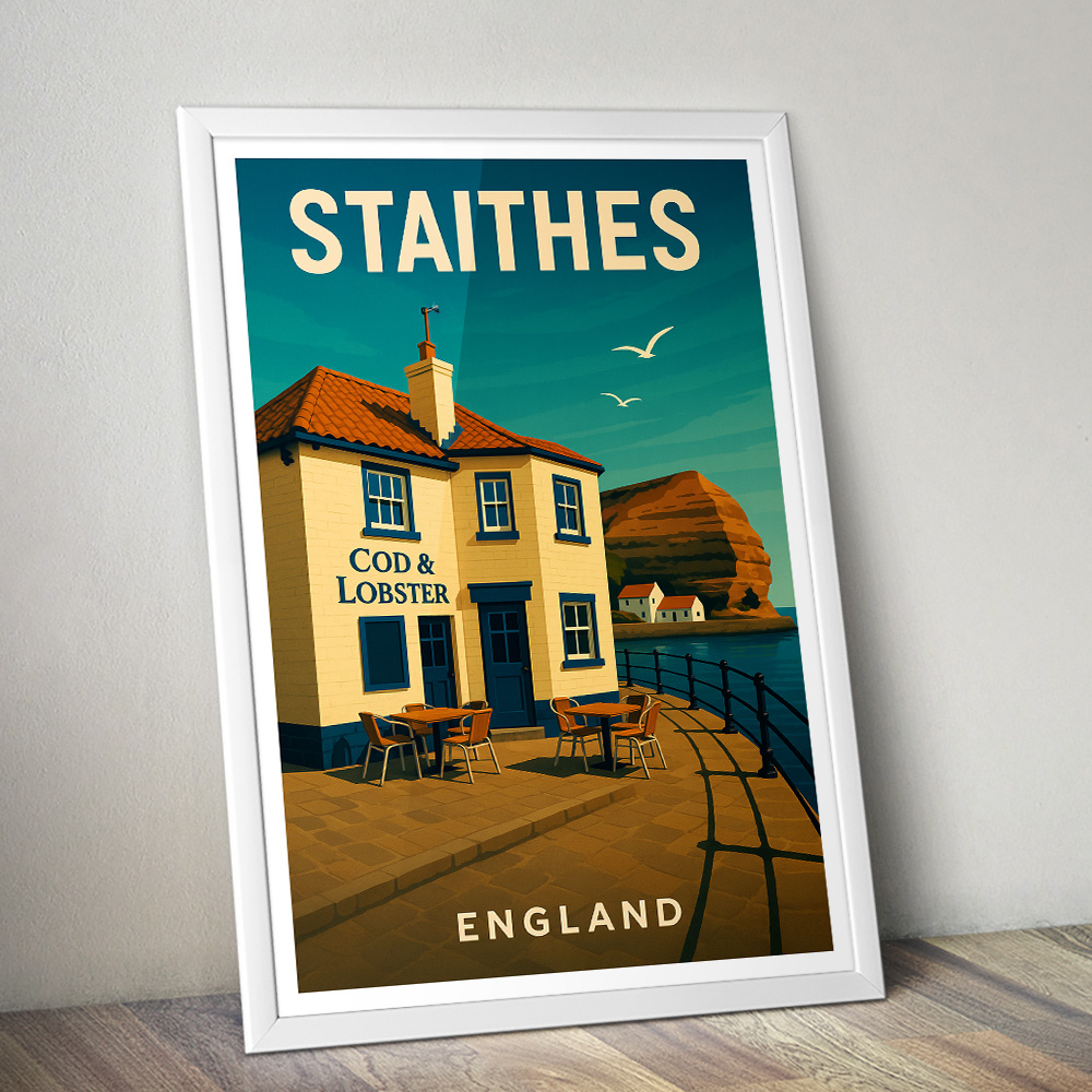 STAITHES COD AND LOBSTER PUB MINIMALIST TRAVEL POSTER NORTH EAST