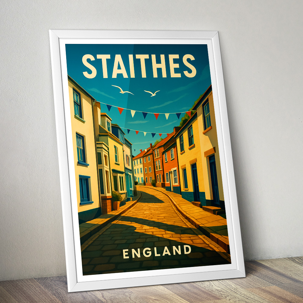 STAITHES SUNNY STREETS MINIMALIST TRAVEL POSTER NORTH EAST
