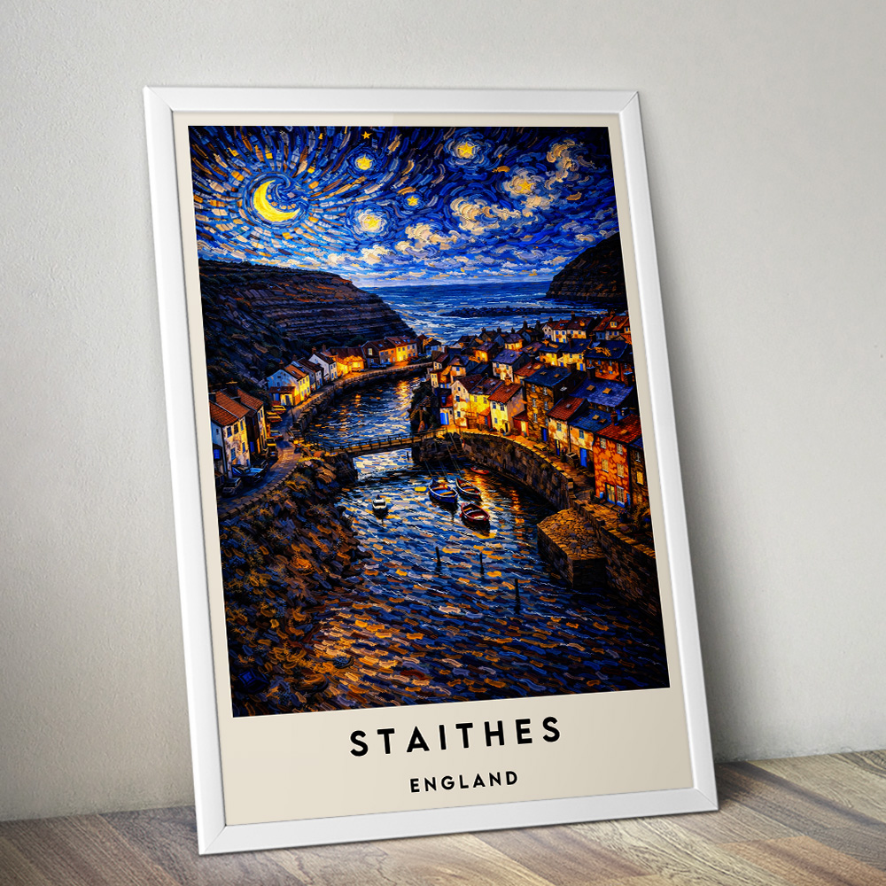 STAITHES AT NIGHT VAN GOGH STYLE TRAVEL POSTER NORTH EAST