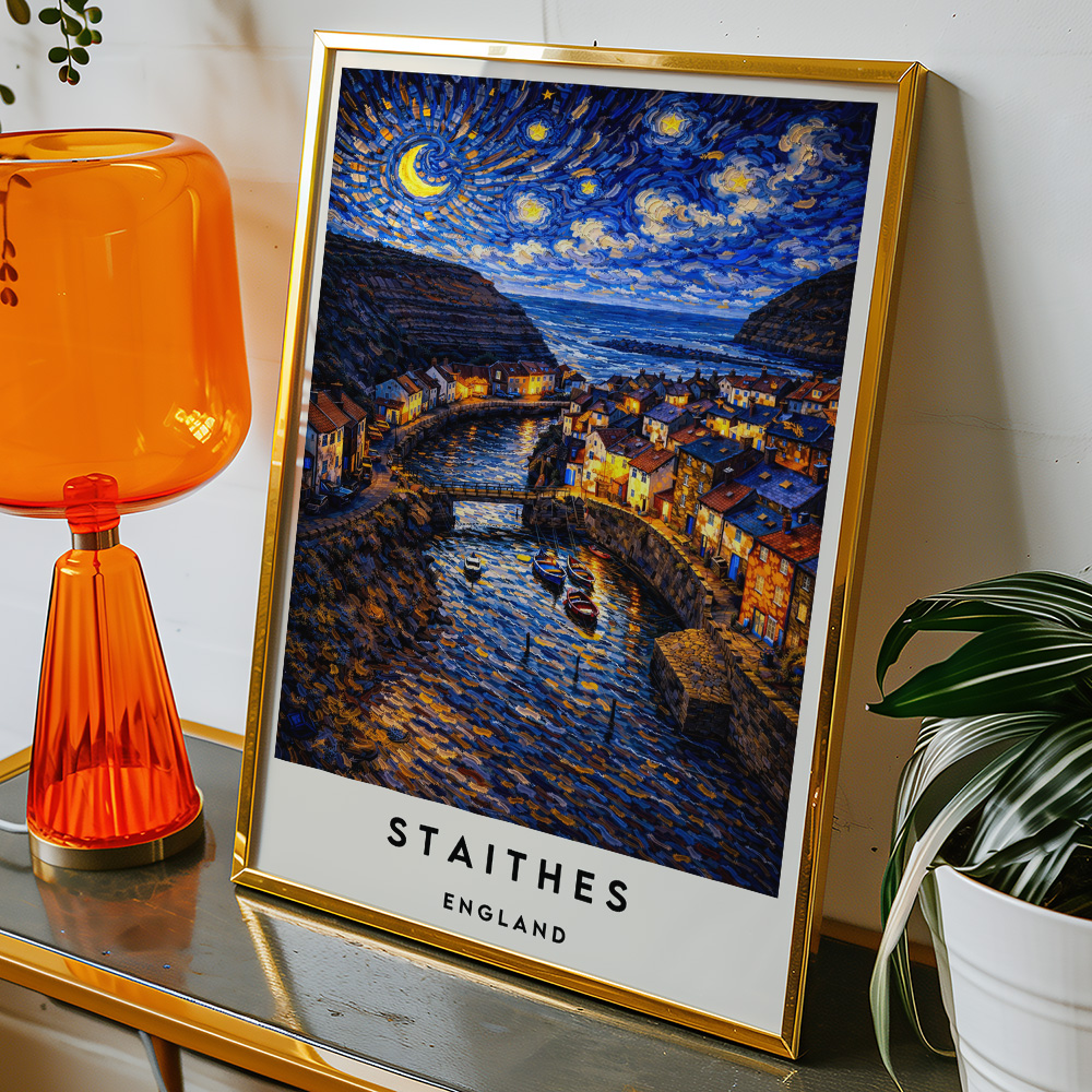 Alternative view of STAITHES AT NIGHT VAN GOGH STYLE TRAVEL POSTER NORTH EAST