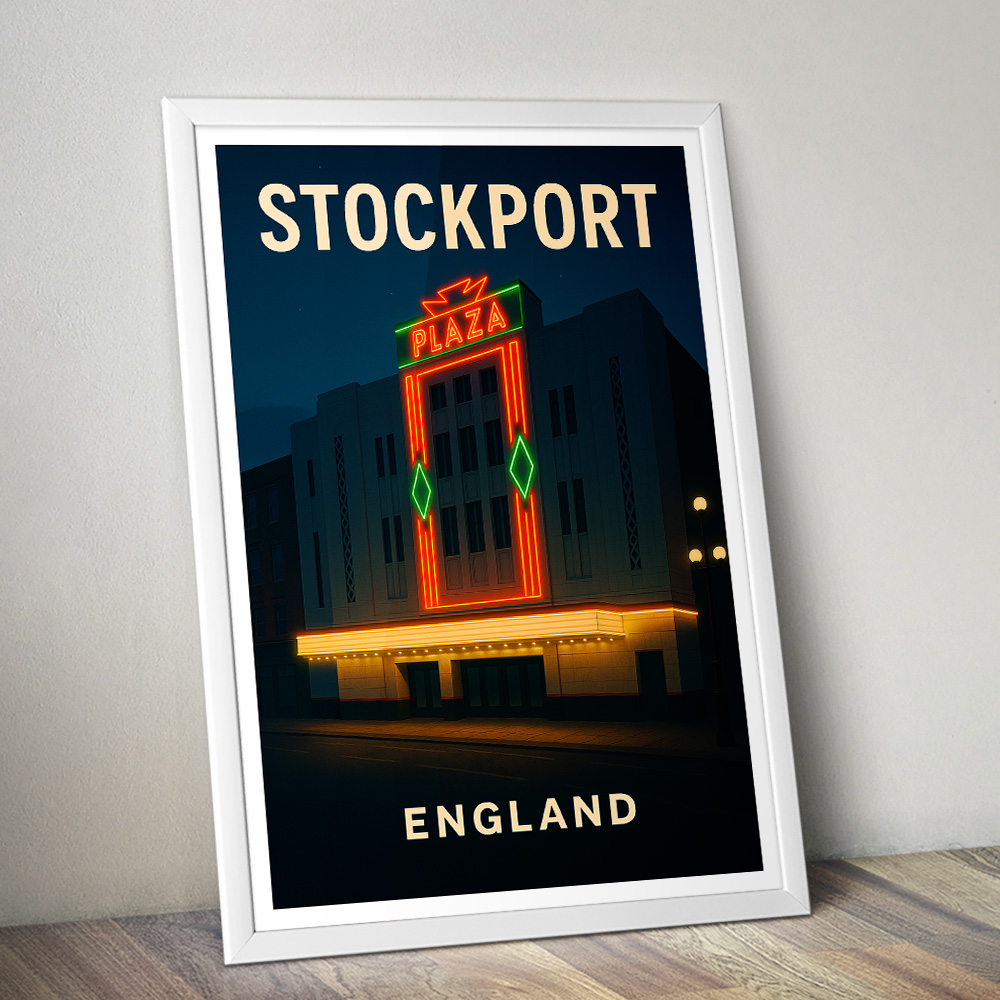 STOCKPORT PLAZA THEATRE AT NIGHT MINIMALIST TRAVEL POSTER NORTH WEST