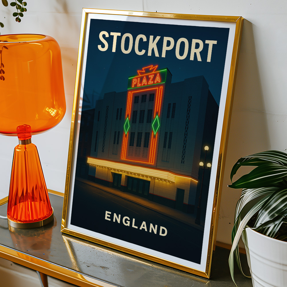 Alternative view of STOCKPORT PLAZA THEATRE AT NIGHT MINIMALIST TRAVEL POSTER NORTH WEST