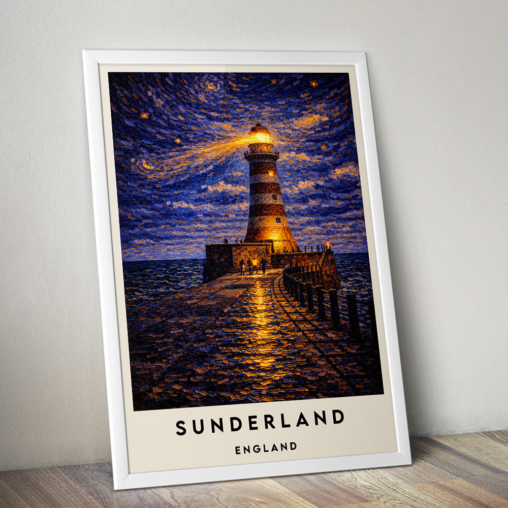 SUNDERLAND ROKER LIGHTHOUSE AT NIGHT VAN GOGH STYLE TRAVEL POSTER NORTH EAST