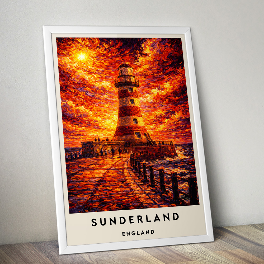 SUNDERLAND ROKER LIGHTHOUSE AT SUNSET VAN GOGH STYLE TRAVEL POSTER NORTH EAST