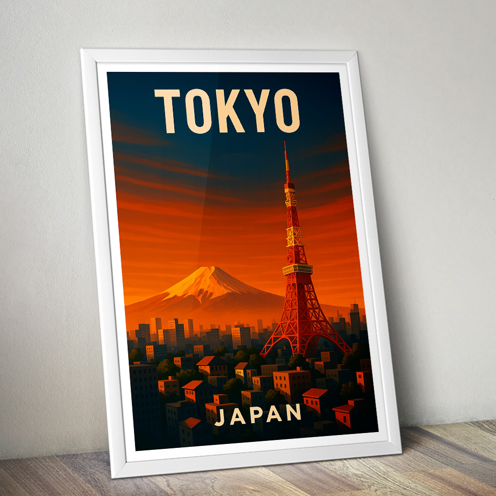 TOKYO AT SUNSET WITH MOUNT FUJI MINIMALIST TRAVEL POSTER