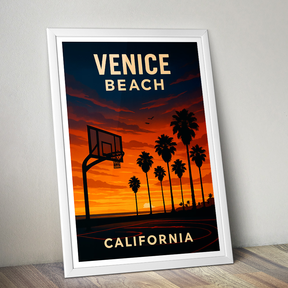 VENICE BEACH BASKETBALL SUNSET MINIMALIST TRAVEL POSTER