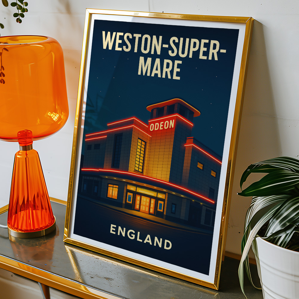 Alternative view of WESTON-SUPER-MARE ODEON CINEMA AT NIGHT MINIMALIST TRAVEL POSTER