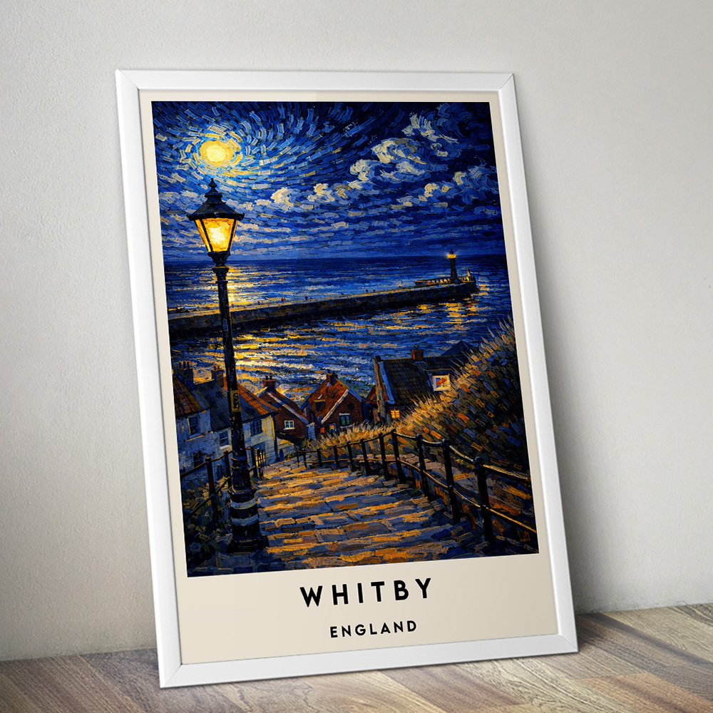 WHITBY STEPS AND PIER AT NIGHT VAN GOGH STYLE TRAVEL POSTER NORTH EAST