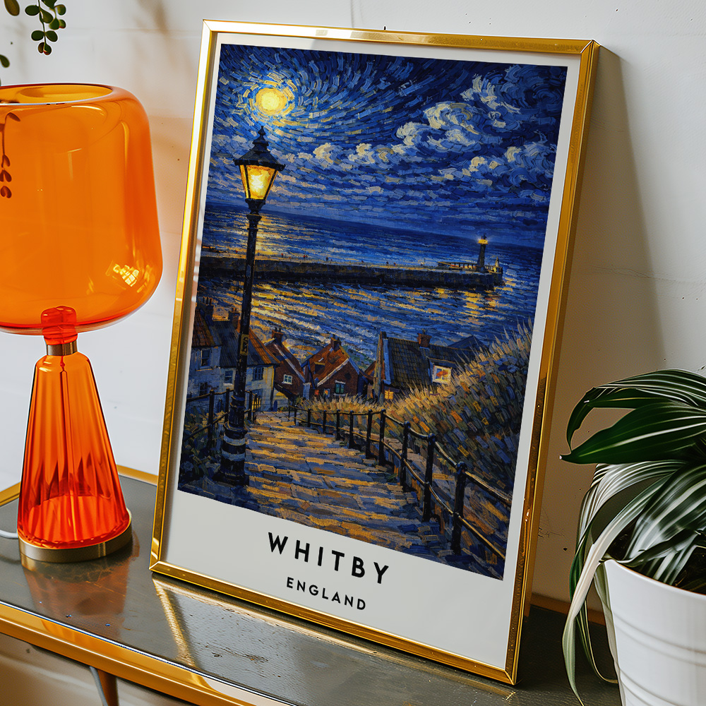 Alternative view of WHITBY STEPS AND PIER AT NIGHT VAN GOGH STYLE TRAVEL POSTER NORTH EAST