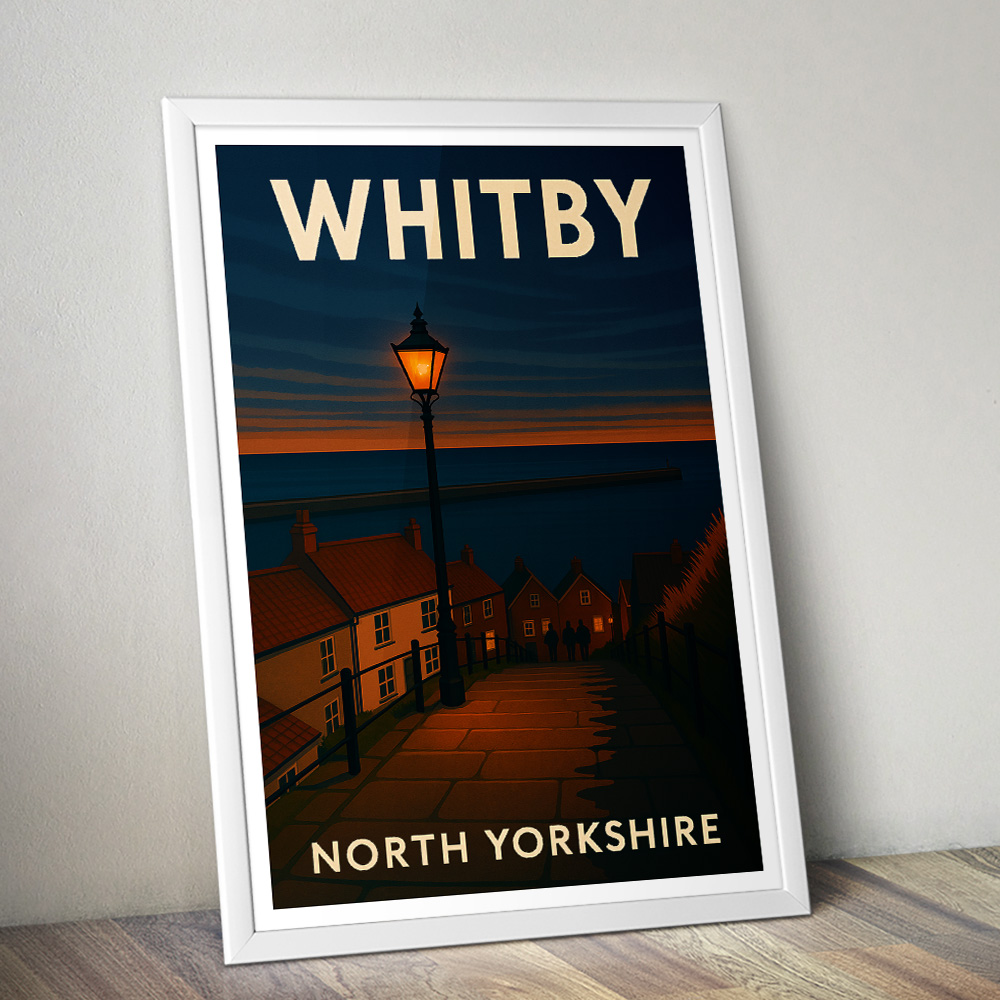 WHITBY STEPS AT NIGHT MINIMALIST TRAVEL POSTER NORTH EAST