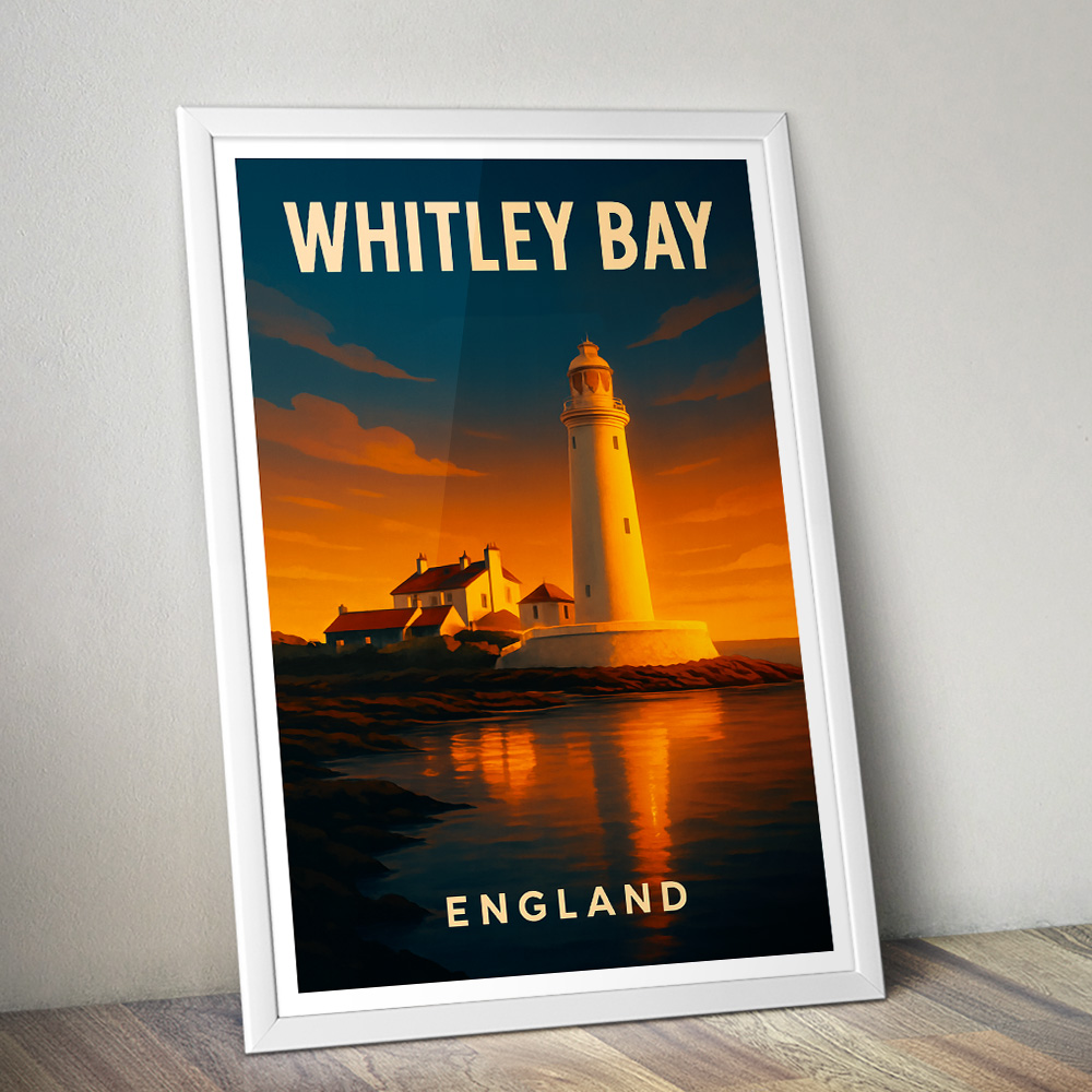 WHITLEY BAY LIGHTHOUSE AT SUNSET MINIMALIST TRAVEL POSTER NORTH EAST