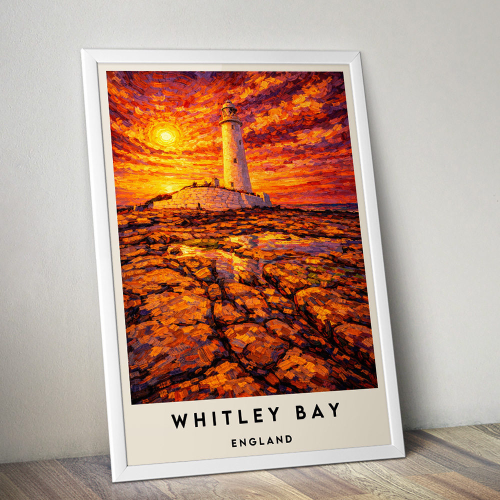 WHITLEY BAY LIGHTHOUSE AT SUNSET VAN GOGH STYLE TRAVEL POSTER NORTH EAST