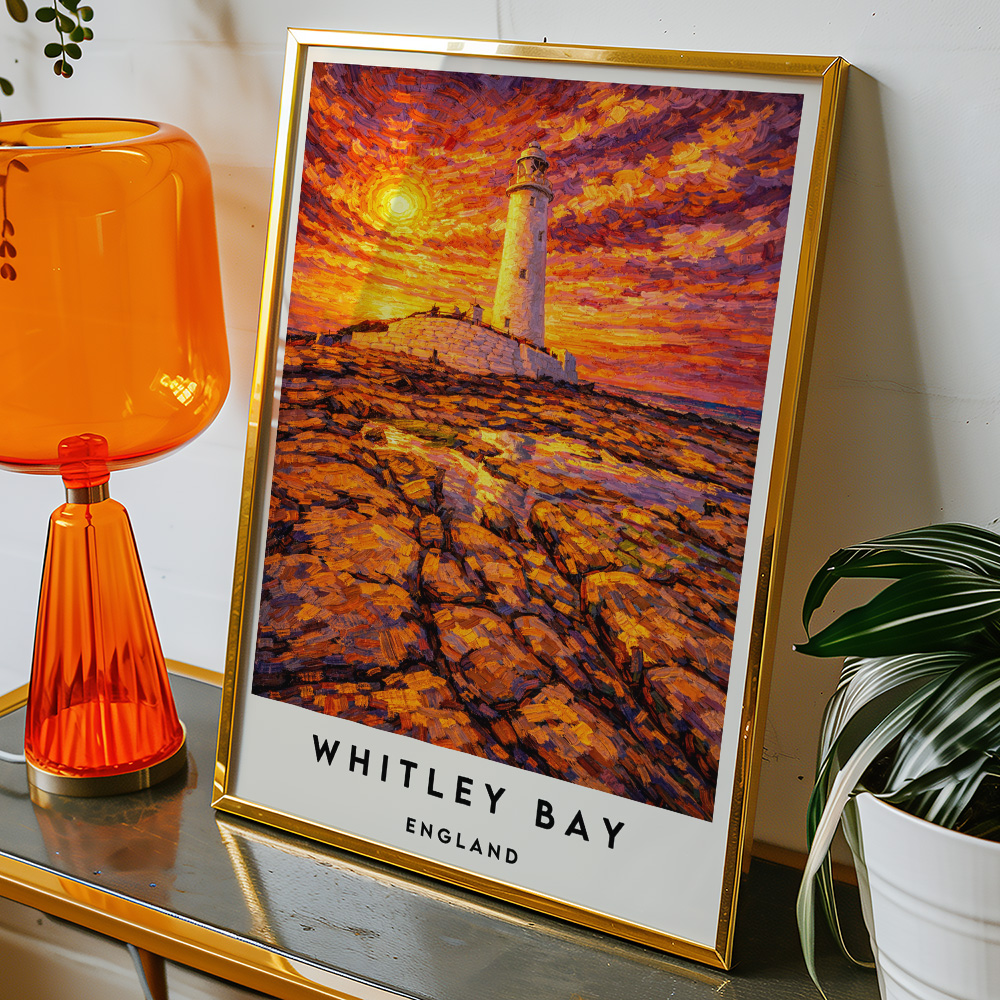 Alternative view of WHITLEY BAY LIGHTHOUSE AT SUNSET VAN GOGH STYLE TRAVEL POSTER NORTH EAST