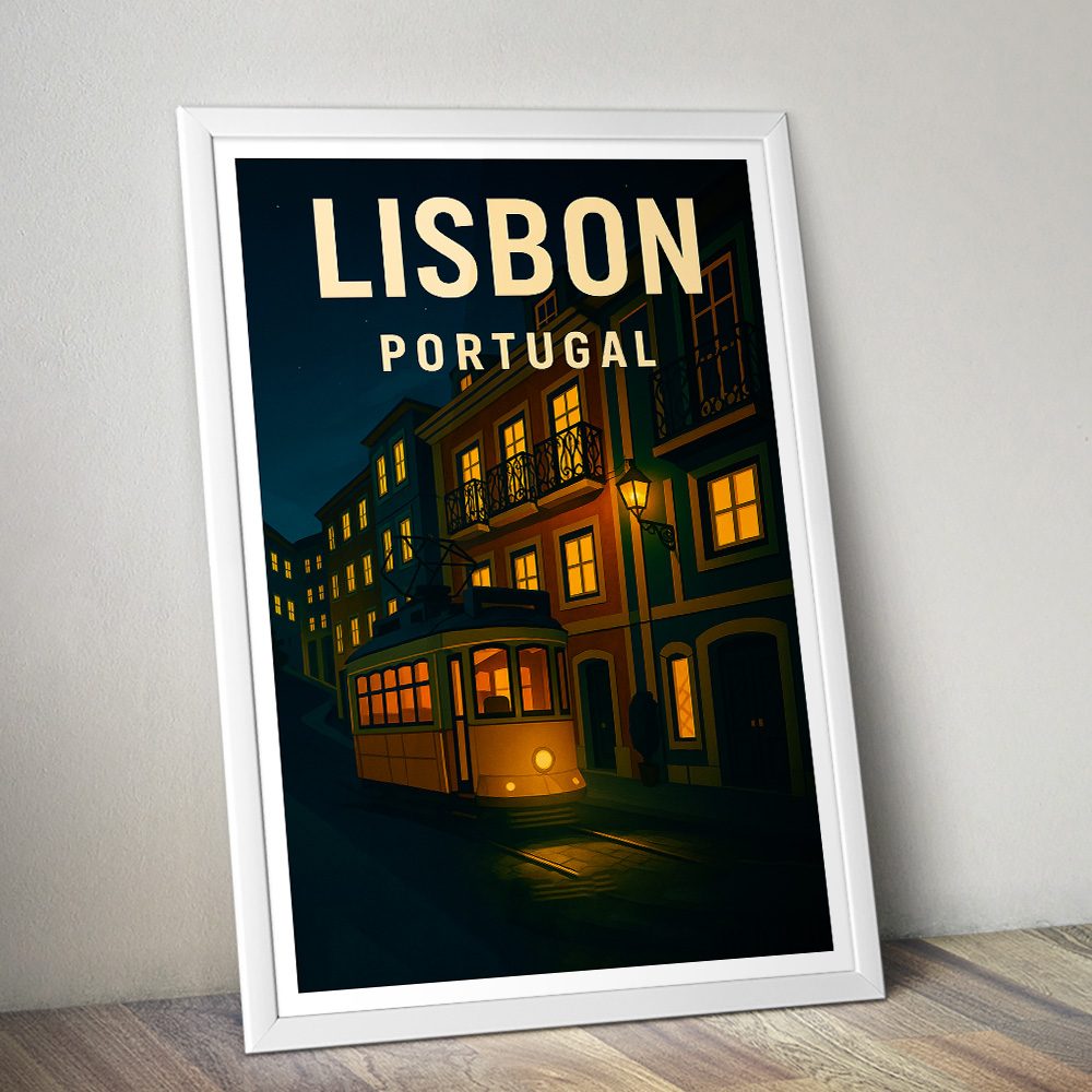 LISBON TRAM AT NIGHT MINIMALIST TRAVEL POSTER