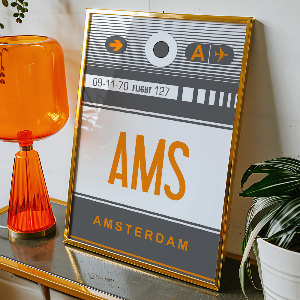 PERSONALISED FLIGHT LUGGAGE TAG TRAVEL POSTER AMS