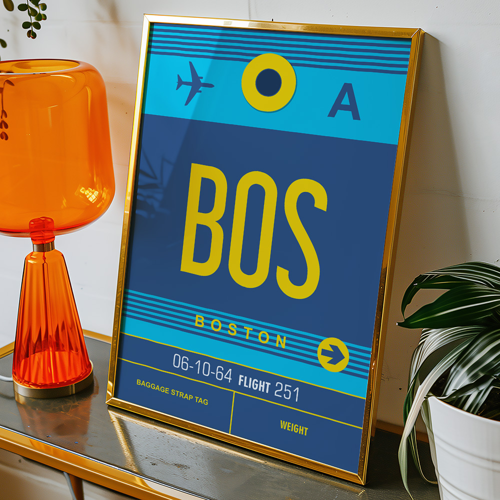 PERSONALISED FLIGHT LUGGAGE TAG TRAVEL POSTER BOS