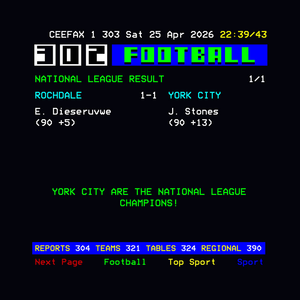 Alternative view of YORK CITY 2026 NATIONAL LEAGUE CHAMPIONS CEEFAX POSTER