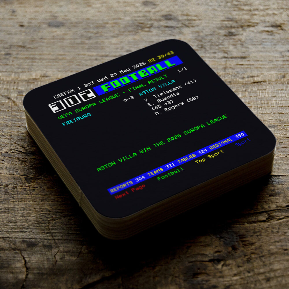 ASTON VILLA 2026 EUROPA LEAGUE CHAMPIONS CEEFAX COASTERS